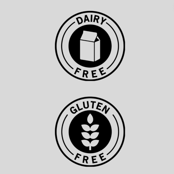 Dairy-free and gluten-free symbols.